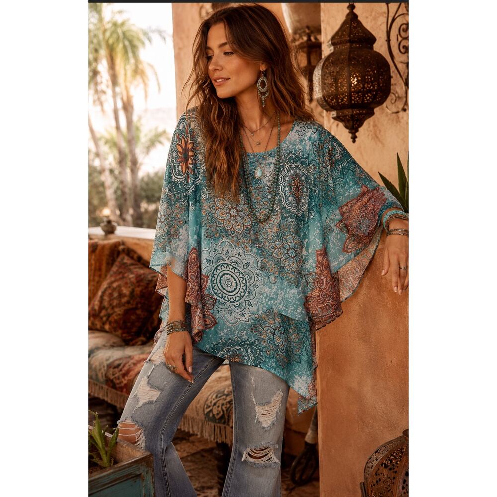 New Mandala Paisley Earthy Hippie Boho Sequin Indigo Soul Women's Flowy Blouse S